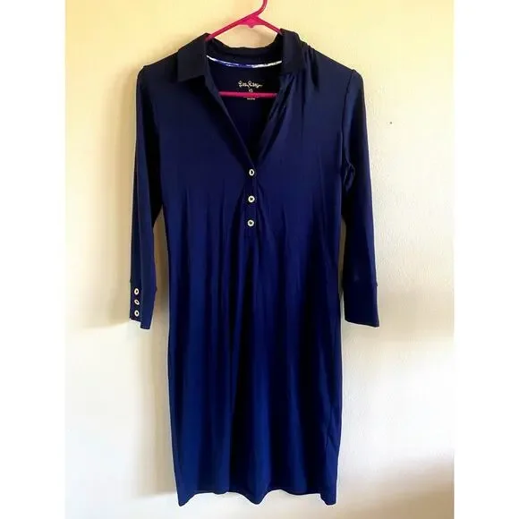 Lilly Pulitzer Navy Blue Gold Tone Button Collared Jersey Knit Dress‎ Womens XS - Picture 11 of 16